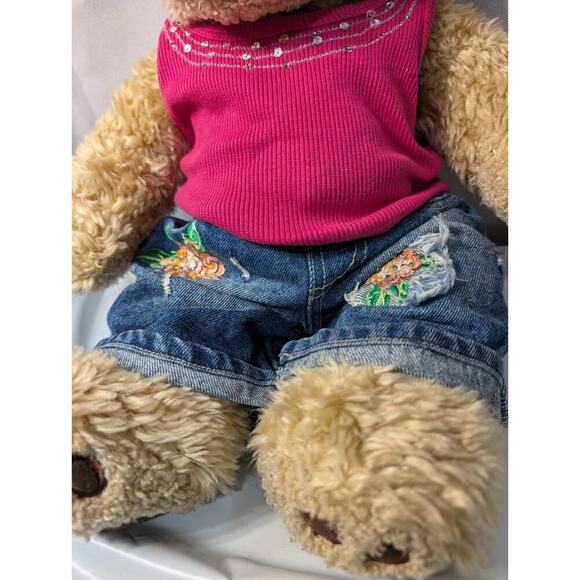 Vintage Build A Bear Workshop Curly Teddy Bear Pink Bling Tank Embroid Jeans 16" - Picture 3 of 7